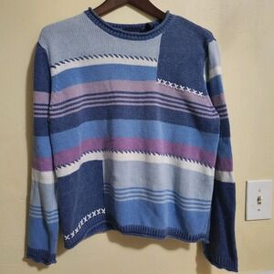 Crazy Horse Ramie Sweater Powder Blue Lavendar Striped Patchwork Women's Vtg XL‎